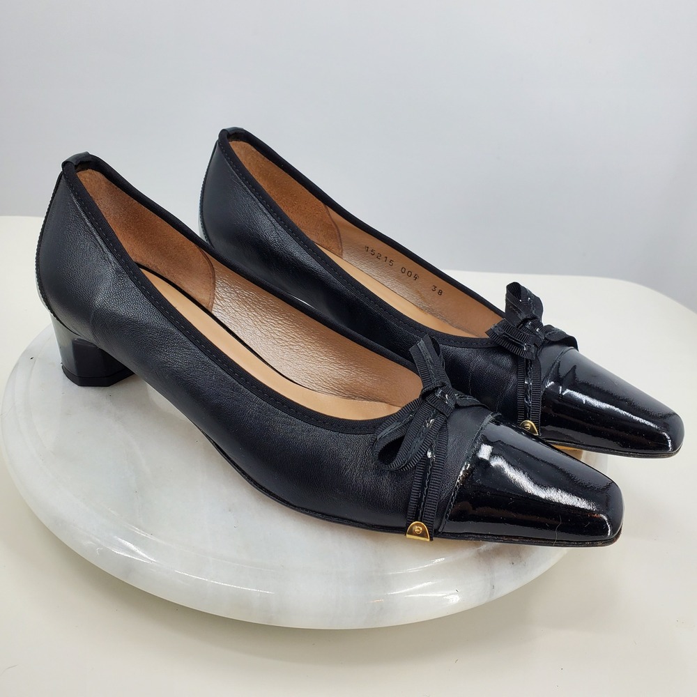 Heyraud Paris Black Leather Patent Square Toe Bow Block Heel Pumps Size 38 Chic